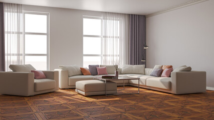 Illustration 3D rendering large luxury modern bright interiors Living room mockup computer digitally generated image