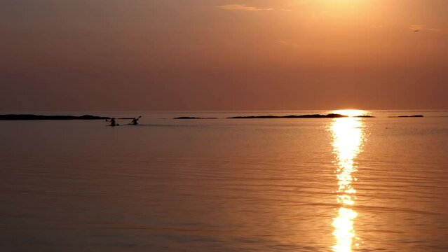 A seagull flies over two silhouettes of canoe rowers sailing at dawn in the sea