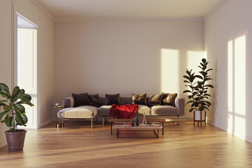 Illustration 3D rendering large luxury modern bright interiors Living room mockup computer digitally generated image