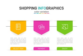 Concept of shopping process with 3 successive steps. Three colorful graphic elements. Timeline design for brochure, presentation, web site. Infographic design layout.