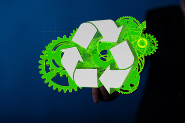 Mechanism, green metallic gears and cogs at work on brown background. Industrial machinery. 3D