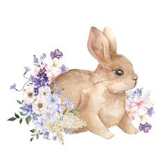 Watercolor spring illustration with cute deer and bunny, delicate flowers and leaves, isolated on white background