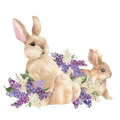 Watercolor spring illustration with cute deer and bunny, delicate flowers and leaves, isolated on white background