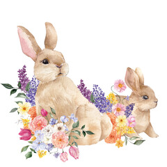 Watercolor spring illustration with cute deer and bunny, delicate flowers and leaves, isolated on white background
