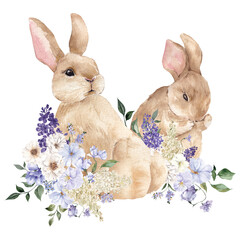 Watercolor spring illustration with cute deer and bunny, delicate flowers and leaves, isolated on white background