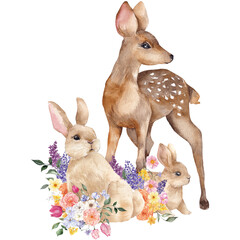 Watercolor spring illustration with cute deer and bunny, delicate flowers and leaves, isolated on white background