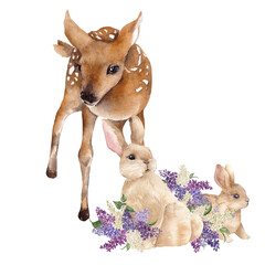 Watercolor spring illustration with cute deer and bunny, delicate flowers and leaves, isolated on white background