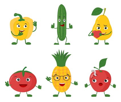 Funni fruit and vegetable character set.Vector flat illustration.