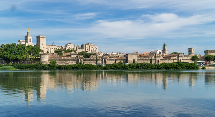 Avignon, Vaucluse - France - July 10 2021: Skyline of Palais des papes and Roine river.