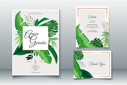 Elegant wedding invitation card with tropical leaves template Premium Vector	