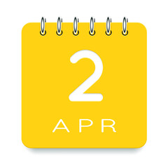 02 day of the month. April. Cute yellow calendar daily icon. Date day week Sunday, Monday, Tuesday, Wednesday, Thursday, Friday, Saturday. Cut paper. White background. Vector illustration.