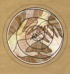 Loop of time, a symbolic image of the unity of the family. Stylized line drawing of the palms of mother, father and child.