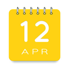 12 day of the month. April. Cute yellow calendar daily icon. Date day week Sunday, Monday, Tuesday, Wednesday, Thursday, Friday, Saturday. Cut paper. White background. Vector illustration.