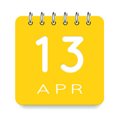 13 day of the month. April. Cute yellow calendar daily icon. Date day week Sunday, Monday, Tuesday, Wednesday, Thursday, Friday, Saturday. Cut paper. White background. Vector illustration.