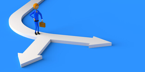 Businessman on forked arrow. Decision making. Copy space. 3D illustration.  Cartoon.