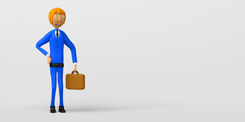 Business man with business briefcase on white background. Copy space. 3D illustration. Cartoon.