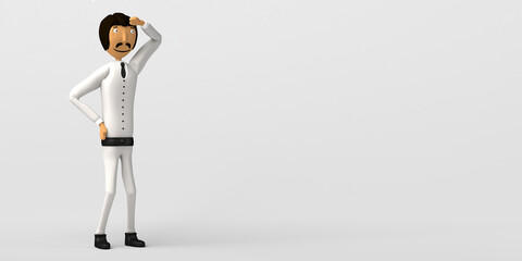 Business man looking at horizon on white background. Copy space. 3D illustration. Cartoon.