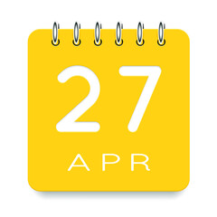 27 day of the month. April. Cute yellow calendar daily icon. Date day week Sunday, Monday, Tuesday, Wednesday, Thursday, Friday, Saturday. Cut paper. White background. Vector illustration.