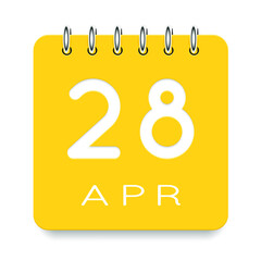 28 day of the month. April. Cute yellow calendar daily icon. Date day week Sunday, Monday, Tuesday, Wednesday, Thursday, Friday, Saturday. Cut paper. White background. Vector illustration.