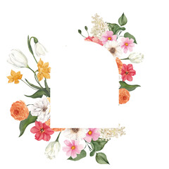 Watercolor frame with spring flowers and leaves, isolated on white background