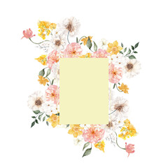Watercolor frame with spring flowers and leaves, isolated on white background