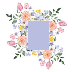 Watercolor frame with spring flowers and leaves, isolated on white background