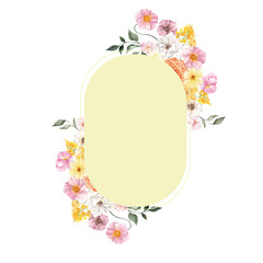 Watercolor frame with spring flowers and leaves, isolated on white background