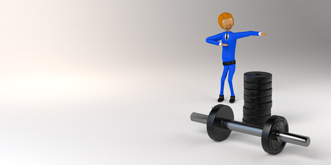 Businessman next to a giant barbell. Copy space.  3D illustration. Cartoon.