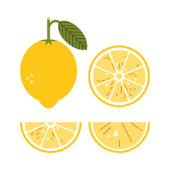 Set of lemons, halves and slices. Citrus fruits for lemonade with vitamin C. Vector geometric flat style.