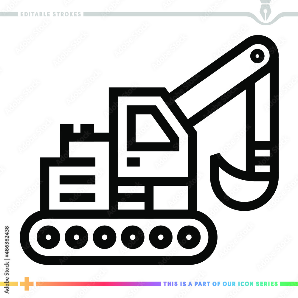 Poster line icon for crawler excavator illustrations with editable strokes. this vector graphic has customi