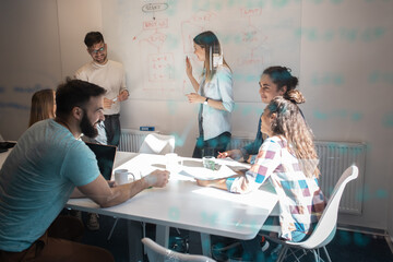 Obraz premium Group of software developing workers and programmers on meeting. They discuss future projects at the conference room. 