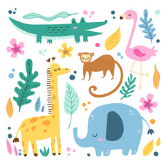 Vector illustration tropical animals and tropical leaves set. Giraffe, crocodile, flamingo, monkey, elephant