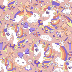 Fototapeta na wymiar Seamless pattern cute unicorns heads vector background