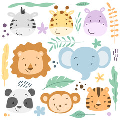 Vector illustration of tropical animals faces set. Zebra, giraffe, hippo, lion, elephant, panda, monkey, tiger