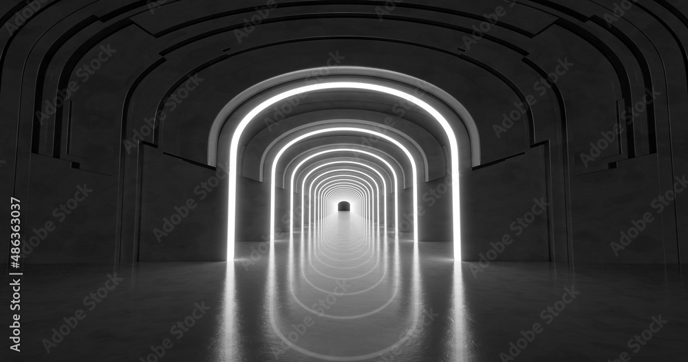Poster 3d rendering. marble corridor with columns stretching into the distance with neon lights on the side