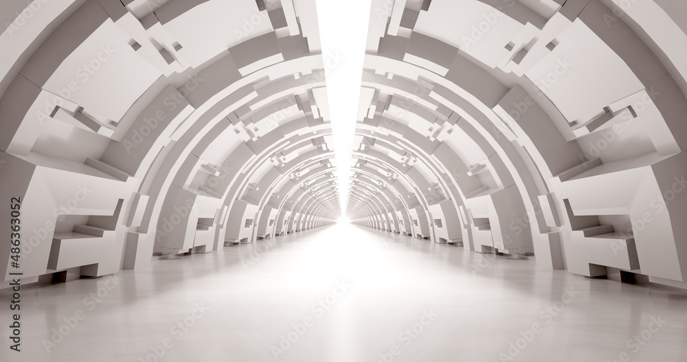 Poster 3d rendering. a corridor made of light marble with decorative elements on the wall extending into th