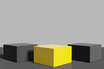 Obraz premium abstract yellow and black pedestal display with cubes with box stand concept. Podium for brand promotion products, realistic 3d digital rendering