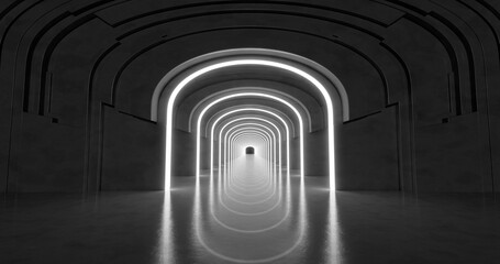 3d rendering. Marble corridor with columns stretching into the distance with neon lights on the sides. Background for your design.