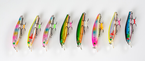 Fishing Lure (Wobbler) fishing temptations on white background. Many Fishing Spinning, fake bait,...