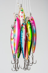 Fishing Lure (Wobbler) fishing temptations on white background. Many Fishing Spinning, fake bait,...