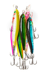 Obraz na płótnie Canvas Fishing Lure (Wobbler) fishing temptations on white background. Many Fishing Spinning, fake bait, artificial lure. Colection of Silicon Fishing Twister with Hook and Sinker.