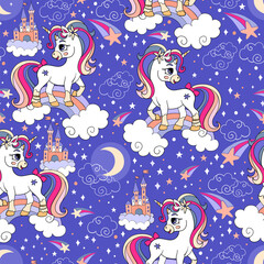 Fototapeta premium Seamless pattern cute unicorns and magic elements vector blue