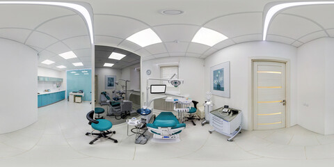 full spherical hdri 360 panorama in surgeon orthopedist therapist cabinet dental office with modern equipment in clinic in equirectangular projection, VR content
