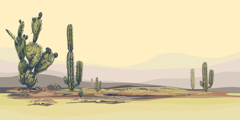 horizontal desert landscape background with cacti_High quality horizontal desert landscape background with cacti, sunset, natural
stylish, vector background with tropical flowers, suculents, perfect
