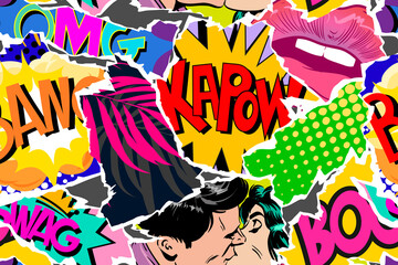 Seamless pattern pop art comics style. Collage of torn pieces from comic magazine. Creative art design backgrounds. Vector illustration. 