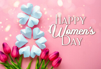 paper hearts shape figure eight 8 and flowers background.  happy International Women’s Day celebrate on March 8 card.