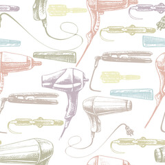 hairdryer, comb, curling iron, seamless pattern_hairdryer, comb, curling iron, salon set, isolated hair care items, graphics, hand drawing, design, beauty salon symbols, seamless pattern