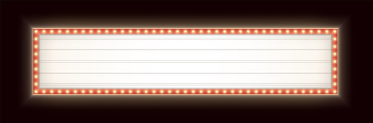 Wide retro lightbox with yellow light bulbs. Vintage theater signboard mockup. Red commercial announcement banner. Horizontal marquee billboard with lamps.