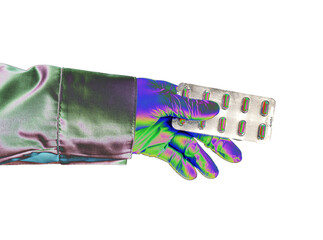 Psychedelic style. Hand gives drug blister. Isolated photo in psychedelics colors on a white background. Drug dealer offers psychedelic for mind effects. Psychotropic capsules distribution concept. - obrazy, fototapety, plakaty