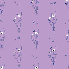Vector illustration. Floral seamless pattern. Bouquet of wild flowers. Hand drawn flower field. Simple flowers.